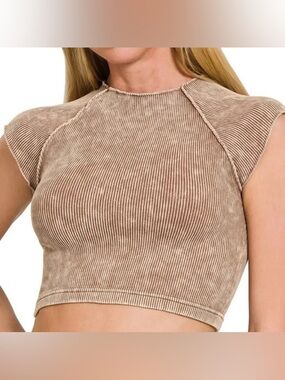 NWOT Zenana Ribbed Mineral Acid Washed Crop Top Tee Size L/XL